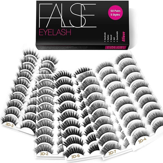 Eliace Eyelashes, (50 Pairs,5 Styles) Luxurious Faux Mink Lashes Natural Look Wispy Fluffy Handmade Cat Eye False Lash Pack, False Eyelashes Set, Fake Lashes Strips, Makeup Fake Eyelashes Pack-GlimoraGlow