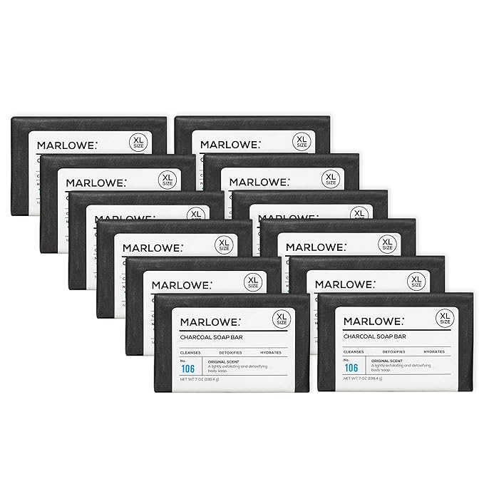 MARLOWE. No. 106 Charcoal Soap 7 oz (12 Bars) Body Bar Soap for Men, Cleansing, Purifying & Hydrating with Natural Extracts, Shea Butter, Olive Oil & Green Tea Extracts, Fresh Woodsy Scent-GlimoraGlow