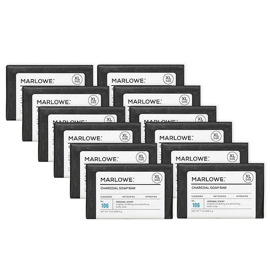 MARLOWE. No. 106 Charcoal Soap 7 oz (12 Bars) Body Bar Soap for Men, Cleansing, Purifying & Hydrating with Natural Extracts, Shea Butter, Olive Oil & Green Tea Extracts, Fresh Woodsy Scent-GlimoraGlow