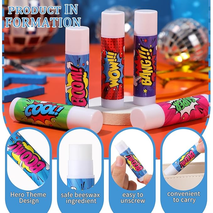 100 Pcs Hero Party Favors Lip Balms Bulk for Kids Birthday Party Moisturizing Lip Balm for Hero Themed Celebration Gifts Lip Care Products for Classroom Rewards Favor Party Supplies-GlimoraGlow