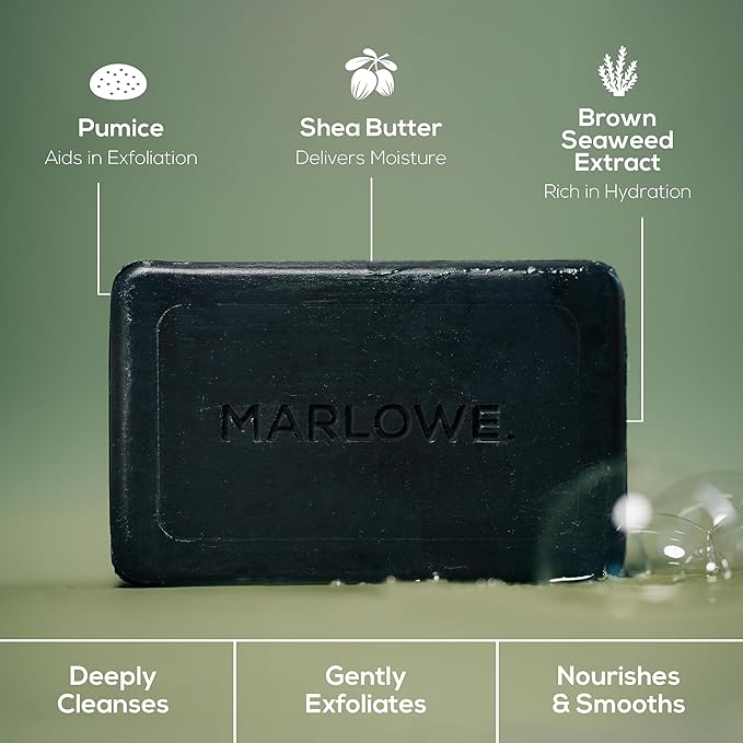 MARLOWE. No. 106 Charcoal Soap 7 oz (3 Bars) Body Bar Soap for Men, Cleansing, Purifying & Hydrating with Natural Extracts, Shea Butter, Olive Oil & Green Tea Extracts, Fresh Woodsy Scent-GlimoraGlow