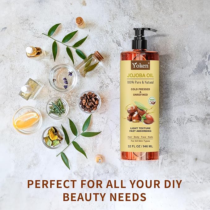 Yoken 32 fl oz (EWG Verified) 100% Pure Jojoba Carrier Oil - Unrefined, Hexane-Free, Cold Pressed for Skin, Face, Hair, Nails, and Massage-GlimoraGlow