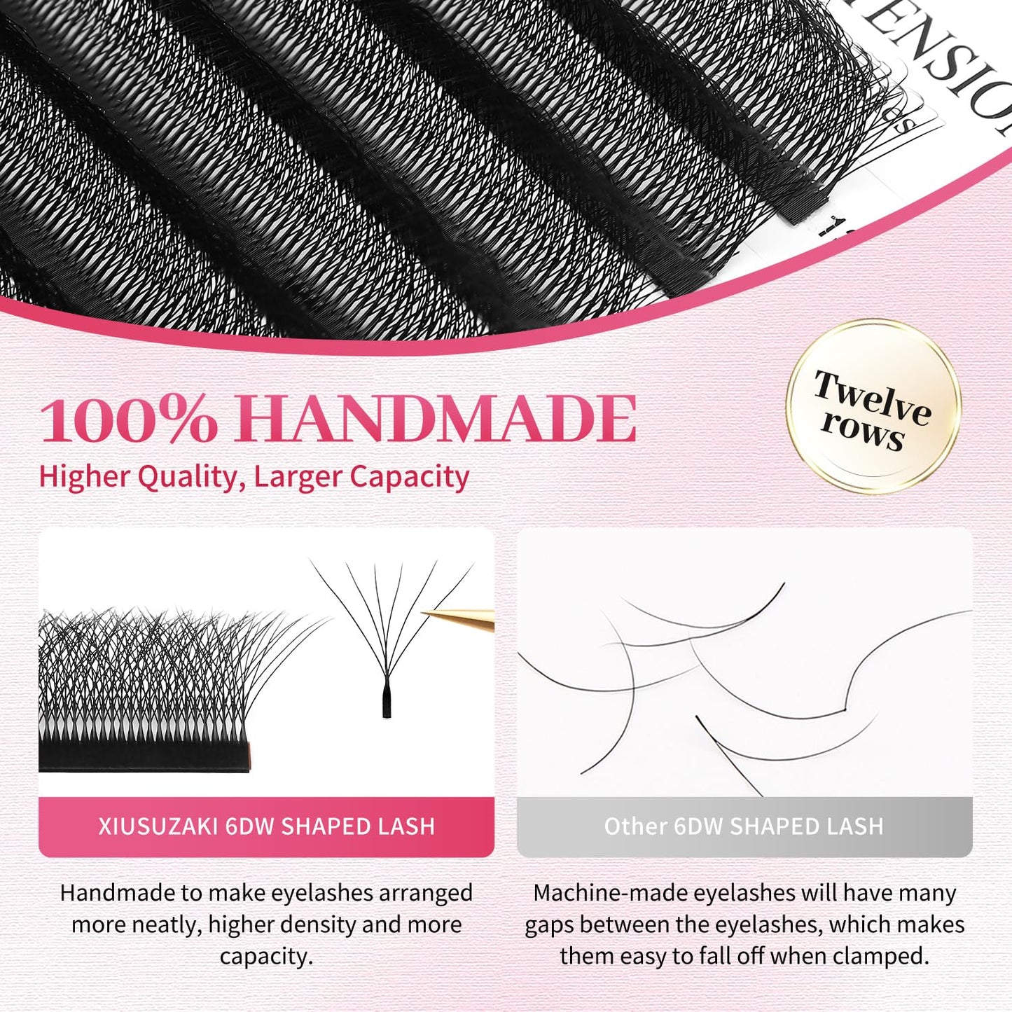 W Lash Extensions Supplies 6D Eyelash Extensions W Shape 0.07mm Thickness C Curl 12mm Premade Fans Easy Fan Lashes Volume Matte Black 12 Rows Crisscross Eye Lashes(W-6D-0.07-C,12mm)-GlimoraGlow