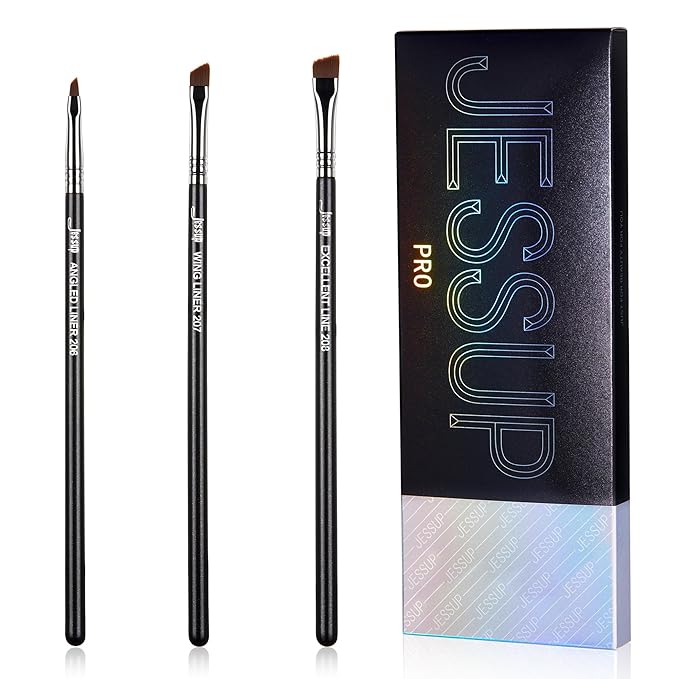 Jessup Angled Eyeliner Brush Set，3pcs Pro Precision Eye Liner Brush Fine Winged Ultra Thin Slanted Gel Liquid EyeLiner Makeup Brushes, Black T345-GlimoraGlow
