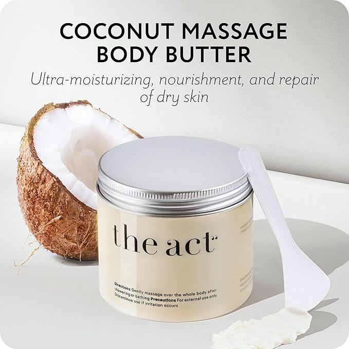THE ACT Solid Coconut Body Butter – Organic Vegan Moisturizer with Shea & Almond Oils – Melts in Hands – Massage Balm for Dry Skin – Natural Skincare for Women & Men – 6 oz with Spatula-GlimoraGlow