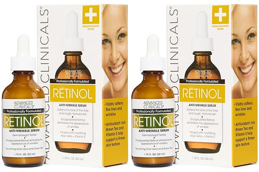 Advanced Clinicals Retinol Serum For Face | Visible Anti Aging Retinol Serum Skin Care Face Moisturizer With Vitamin E Helps Improve Look Of Wrinkles, Fine Lines, & Uneven Skin Tone, 2-Pack-GlimoraGlow