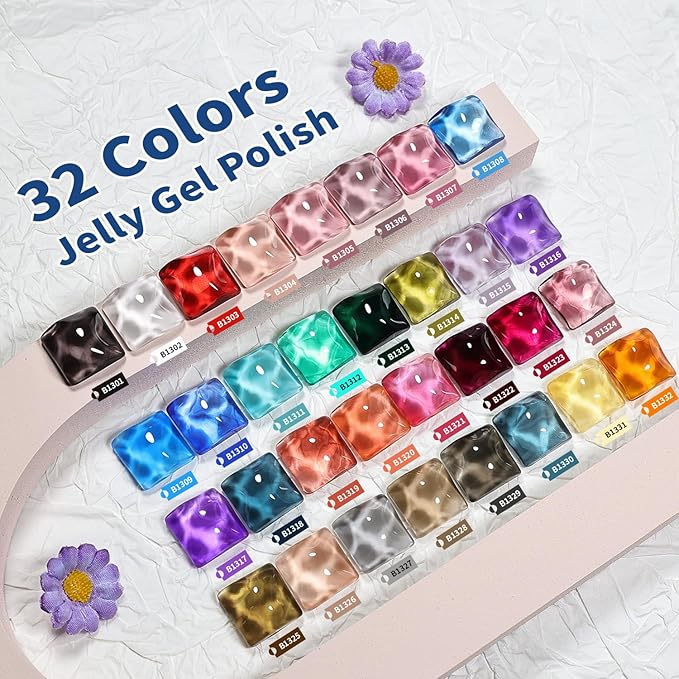 JODSONE 32 Colors Jelly Gel Nail Polish Kit with U V Light Crystal Transparent Classic Color 4 Functional Gel for All Seasons-GlimoraGlow