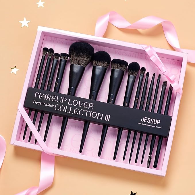 Jessup Makeup Brushes Set Jessup Make up Brushes 14Pcs Black Kabuki Foundation Eyeshadow Contour Concealer Powder Eyeliner Crease Eyebrow Blending Brush with Gift Box, T336-G-GlimoraGlow