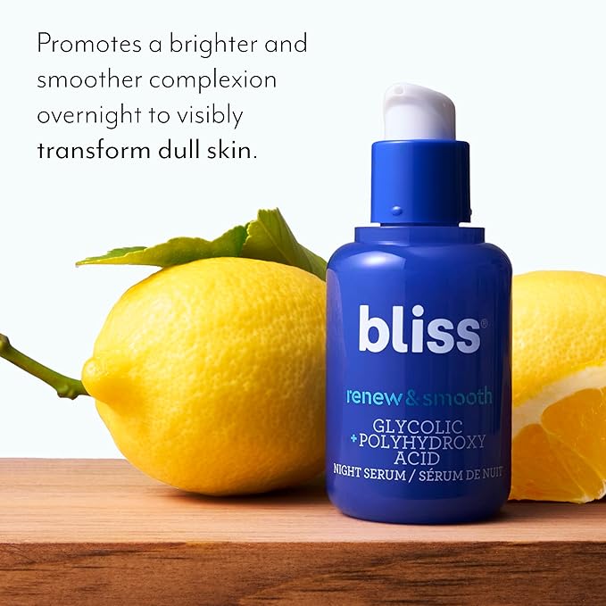 Bliss Glycolic + Polyhydroxy Acid Renew & Smooth - Night Serum - Gently Exfoliate Skin - Hydrating Squalane - Vegan & Cruelty-Free - 1 Fl Oz-GlimoraGlow