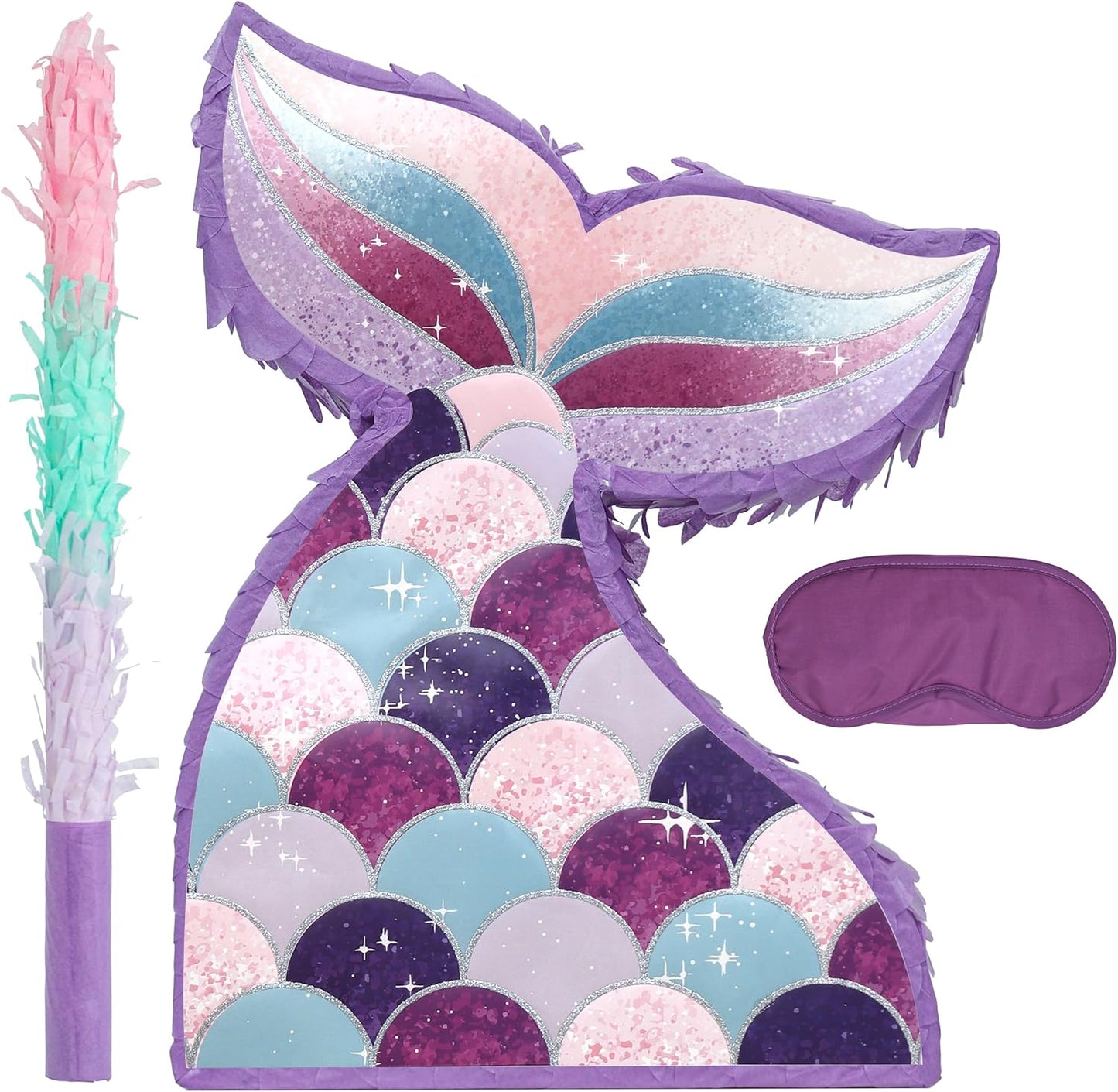 Mermaid Tail Pinatas Bundle with a Blindfold and a Bat (16.5 x 12 x 4 Inches), Perfect for kid's Birthday Parties, Mermaid Theme Parties for Girls, Decorations