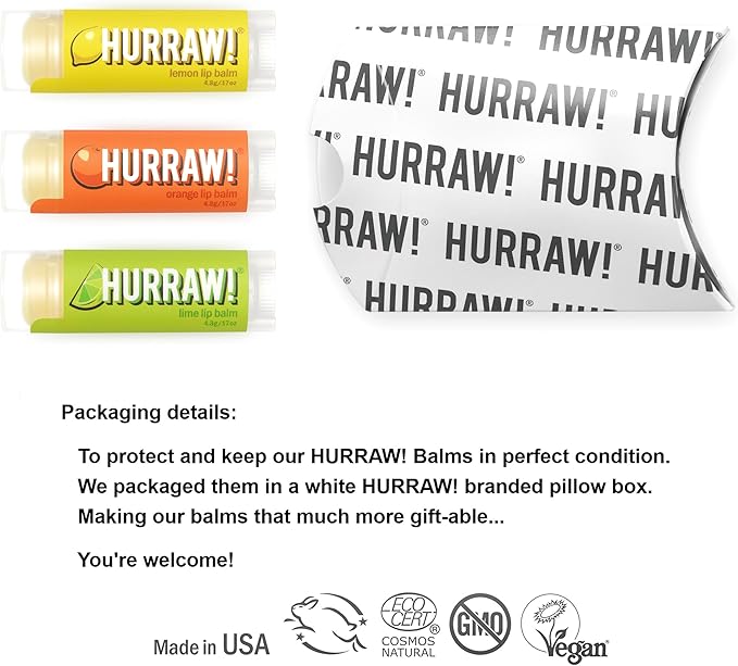 Hurraw! Lemon, Orange, Lime Lip Balms, 3 Pack Bundle: Organic, Certified Vegan, Cruelty and Gluten Free. Non-GMO, 100% Natural Ingredients. Bee, Shea, Soy and Palm Free. Made in USA-GlimoraGlow