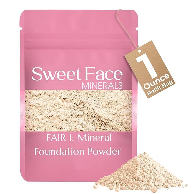 1 Ounce Fair Shade 1 Foundation Powder Refill By Sweet Face Minerals, Lightweight Mineral Loose Makeup Powder with SPF 20, Full Coverage Flawless Finish, Talc-free, Cruelty-Free, Refill Pouch-GlimoraGlow