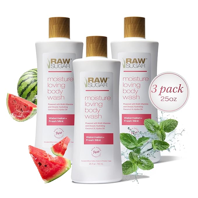 RAW SUGAR Moisture Loving Body Wash - Watermelon + Fresh Mint, Moisturizing & Refreshing Bath & Shower Gel, Sulfate-Free, Paraben-Free & Vegan (Pack of 3)-GlimoraGlow
