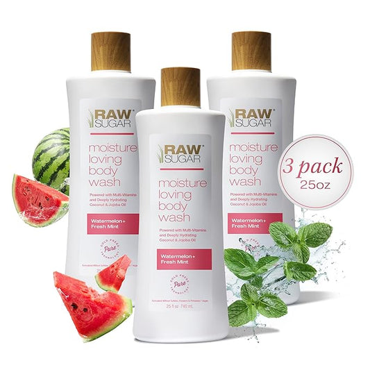 RAW SUGAR Moisture Loving Body Wash - Watermelon + Fresh Mint, Moisturizing & Refreshing Bath & Shower Gel, Sulfate-Free, Paraben-Free & Vegan (Pack of 3)-GlimoraGlow