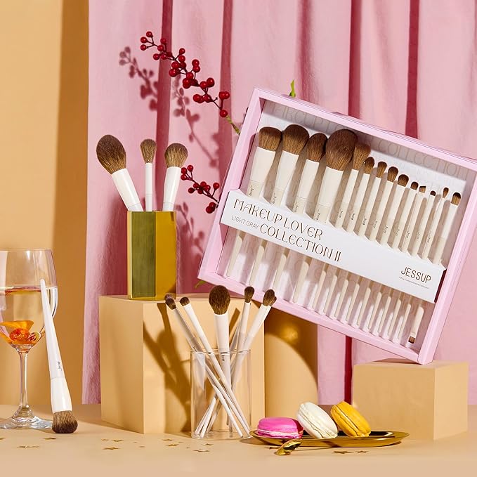 Jessup Makeup Brushes 14Pcs Makeup Brush Set Premium Synthetic Powder Foundation Contour Blush Concealer Eye Shadow Blending Liner Make Up Brush Kit Light Grey with Gift Box, T329-G-GlimoraGlow
