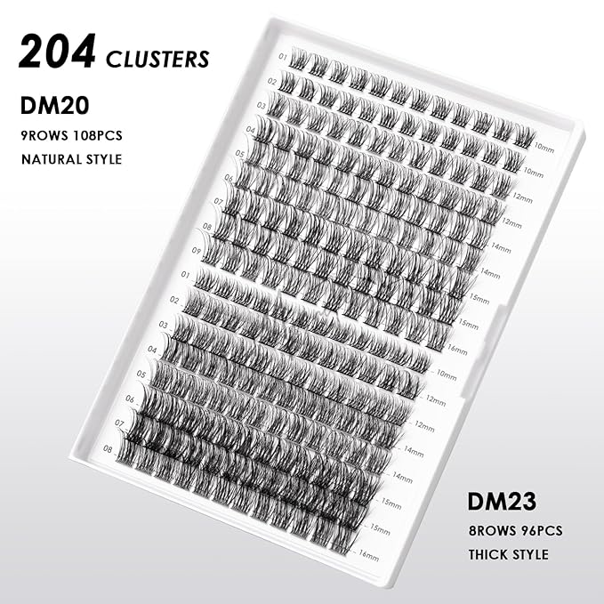 Lash Clusters 204 Pcs Individual Lashes Clusters Eyelash Extensions False Eyelashes DIY Lash Extension Kit Reusable False Eyelashes Natural Look Mix 10-16mm C D Curl(DM20+DM23)-GlimoraGlow