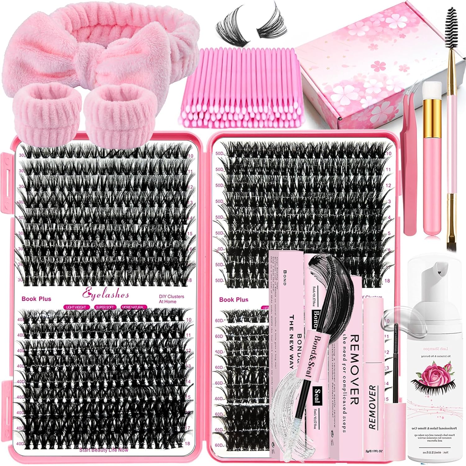 DIY Lash Extension Kit 720Pcs 10-18mm D Curl Lashes Clusters with Lash Bond and Seal Glue Remover Lash Shampoo Cleansing Brush Headband Wristband Tweezers Eyelash Brush Applicator-GlimoraGlow