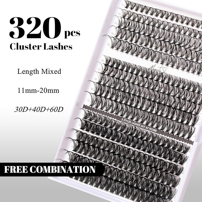 Lash Clusters 320pcs Individual Lashes 30D&40D&60D DIY Lash Extensions D Curl Lash Clusters False Eyelashes Natural Look 11-20mm Mix Cluster Eyelash Extensions EASY TO USE (30D+40D+60D-0.07D)-GlimoraGlow