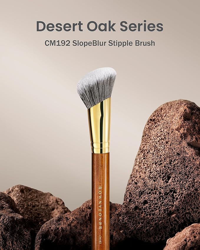 Desert Oak Series SlopeBlur Stipple Brush - Angled Nylon Bristles for Seamless Cream/Liquid/Powder Blending, Contour & Blush Application, Bubinga Handle (CM 192)-GlimoraGlow