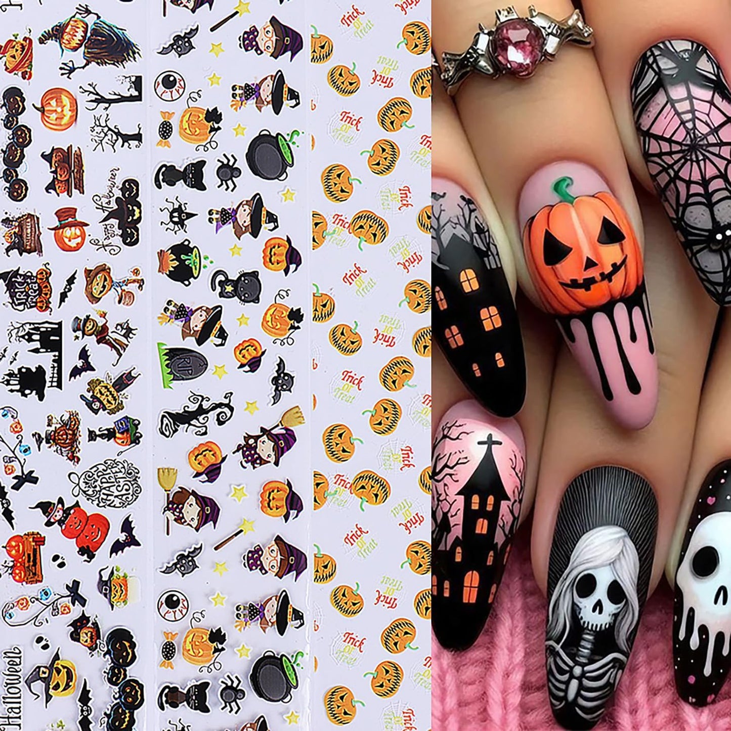 10 Rolls Halloween Nail Transfer Foil Stickers Set Halloween Theme Nail Art Foils Decals Cartoon Design Nail Foil Transfers Pumpkin Bat Ghost Skull Cat Nail Decorations for Women Manicure Supplies-GlimoraGlow
