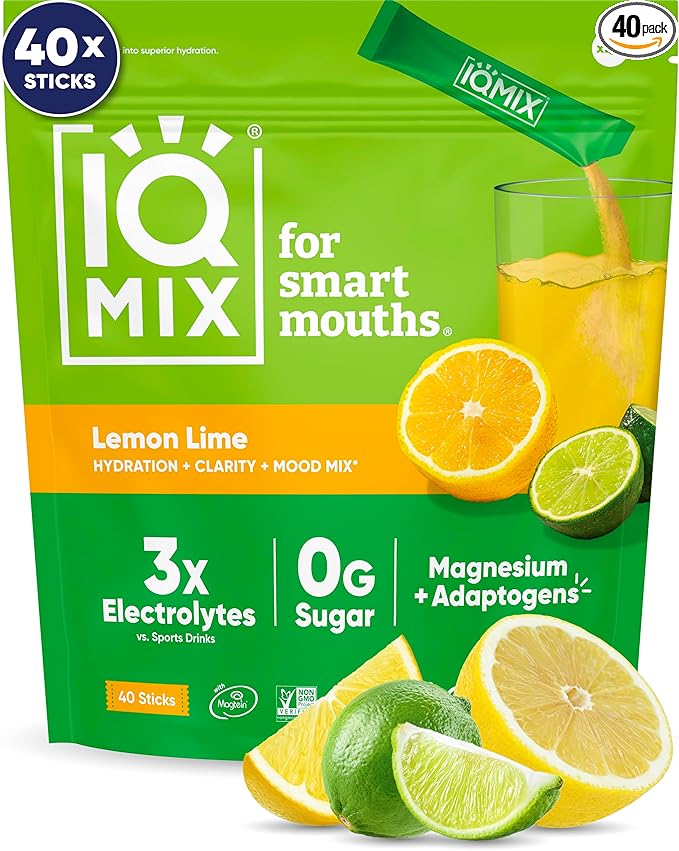 IQMIX Hydration Electrolyte Powder – 4-in-1 Formula for Hydration, Mental Clarity, Mood and Recovery – Sugar-Free Drink Mix, Keto, Magnesium L-Threonate, Lion’s Mane – 40 Count Lemon Lime-GlimoraGlow