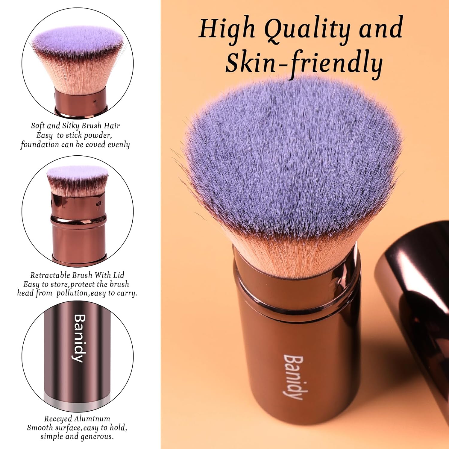 Makeup Brush Kabuki Face Brushes Retractable Travel Blush Brush Portable Flawless for Foundation, Powder Blush, Bronzer, Buffing, Liquid, Cream, Cruelty Free with Cover(Flat-Head)-GlimoraGlow