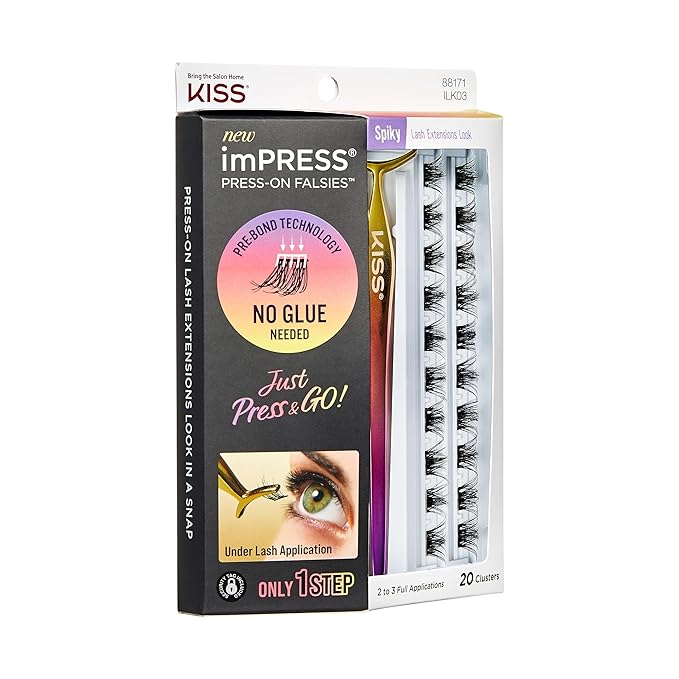 KISS imPRESS Falsies Press On Self Adhesive Eyelashes, 12mm-14mm Glam Volume Press On Lashes, Black, No Glue Needed, Invisible Band, 20 Lash Clusters & Non-Stick Applicator - Spiky-GlimoraGlow