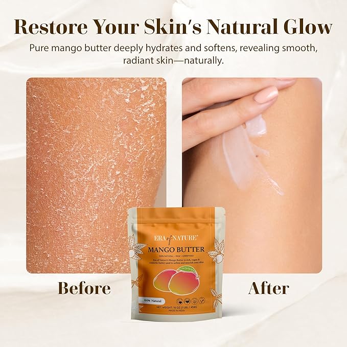 era of nature Organic Unrefined Raw Mango Body Butter Block 16oz - Moisturizing Mango Seed Raw Butter Bar for Skin & Hair, DIY Lip Balm Base, Cream, Soap & Lotion Making Supplies, Personal Skincare-GlimoraGlow