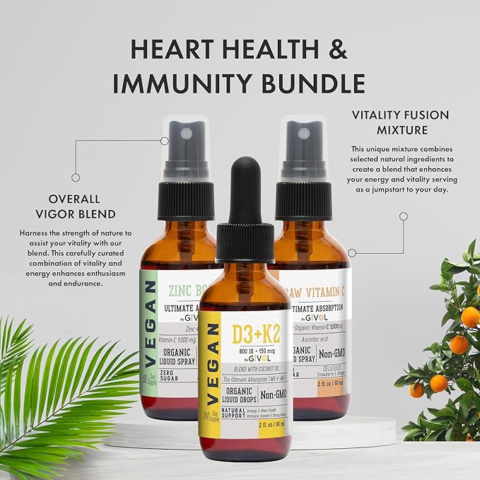 Immunity Support Pack - Raw Vitamin C, D3 & K2 Liquid, Zinc Picolinate - Premium Heart Health Vitamins w/Essential Minerals, Antioxidant Properties, & Cardiovascular Benefits - 180 Days Supply-GlimoraGlow