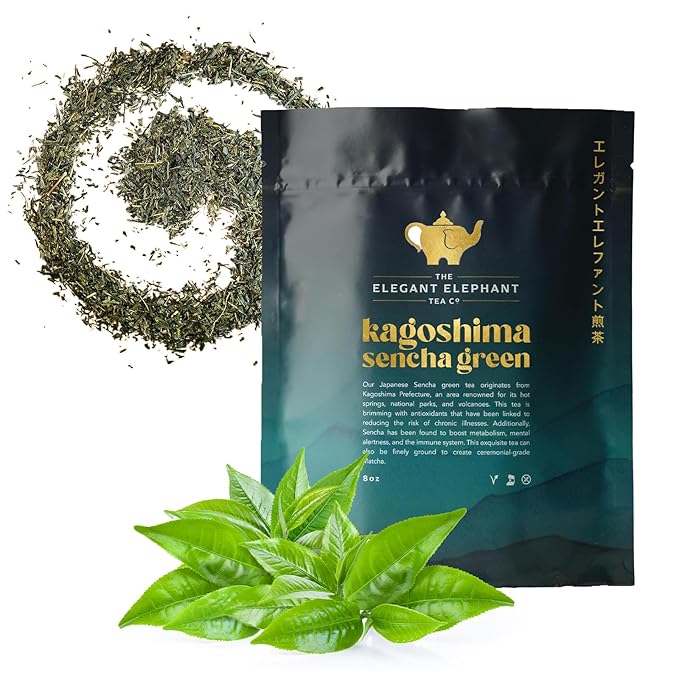 Japanese Sencha Green Tea, Organic Loose Leaf Sencha Tea – Antioxidant & Detox Support – Refreshing Hot or Iced Green Tea – 8 oz Resealable Bag (Makes 100 Cups) – The Elegant Elephant-GlimoraGlow