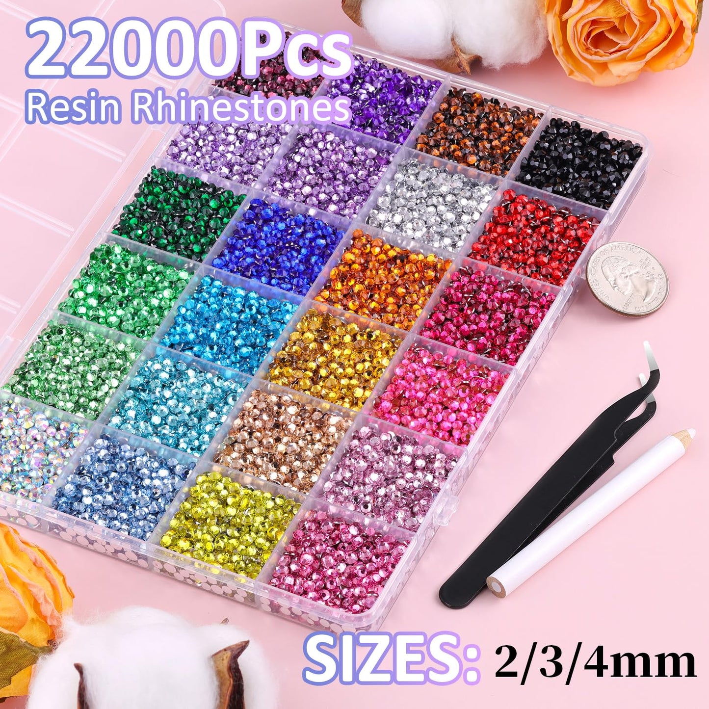 22000Pcs Resin Rhinestones for Bedazzling with Tweezers, Multicolor 2/3/4mm Rhinestones for Crafting with 3Pcs 10ml B7000 Jewelry Glue for DIY Crafts Clothing Tumblers Shoes Fabric Nail Art-GlimoraGlow