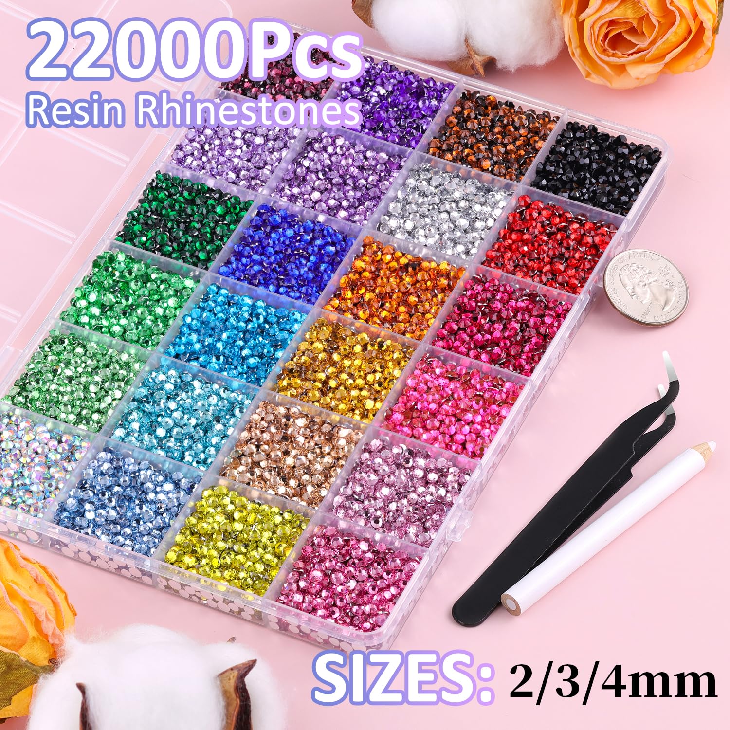 22000Pcs Resin Rhinestones for Bedazzling with Tweezers, Multicolor 2/3/4mm Rhinestones for Crafting with 3Pcs 10ml B7000 Jewelry Glue for DIY Crafts Clothing Tumblers Shoes Fabric Nail Art-GlimoraGlow