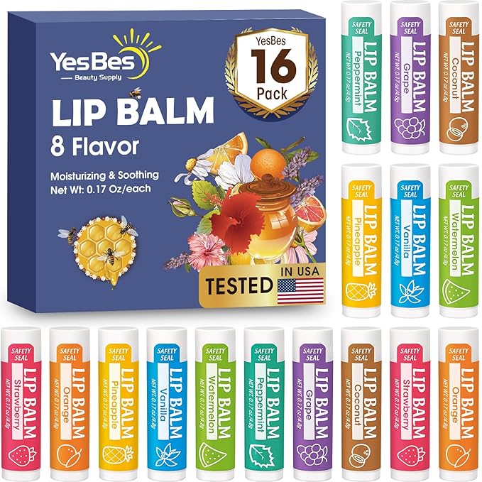 16 Pack Lip Balm, Natural Lip Balm Bulk with Vitamin E and Coconut Oil, Moisturizing Lip Balm for Dry Cracked Lips, Lip Balm for Stocking Stuffers - 8 Flavors-GlimoraGlow