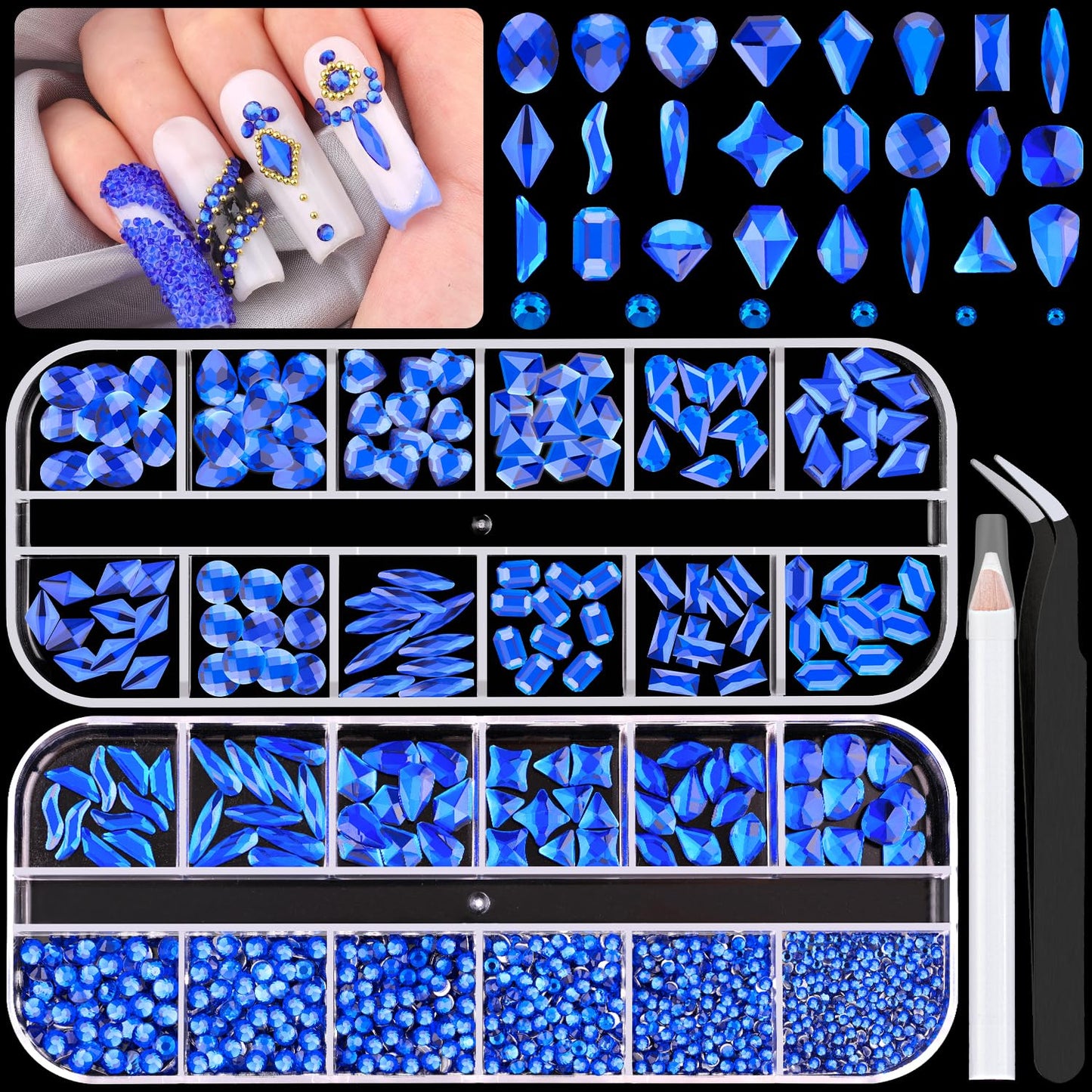1680Pcs Royal Blue Glass Nail Rhinestones 180Pcs Multi Shapes Flatback Nail Gems + 1500Pcs 1.5-4mm Round Crystal, Manicure Nail Charms Diamond Gemstones for Acrylic Nails Decoration-GlimoraGlow