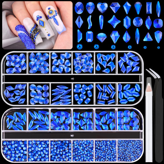 1680Pcs Royal Blue Glass Nail Rhinestones 180Pcs Multi Shapes Flatback Nail Gems + 1500Pcs 1.5-4mm Round Crystal, Manicure Nail Charms Diamond Gemstones for Acrylic Nails Decoration-GlimoraGlow