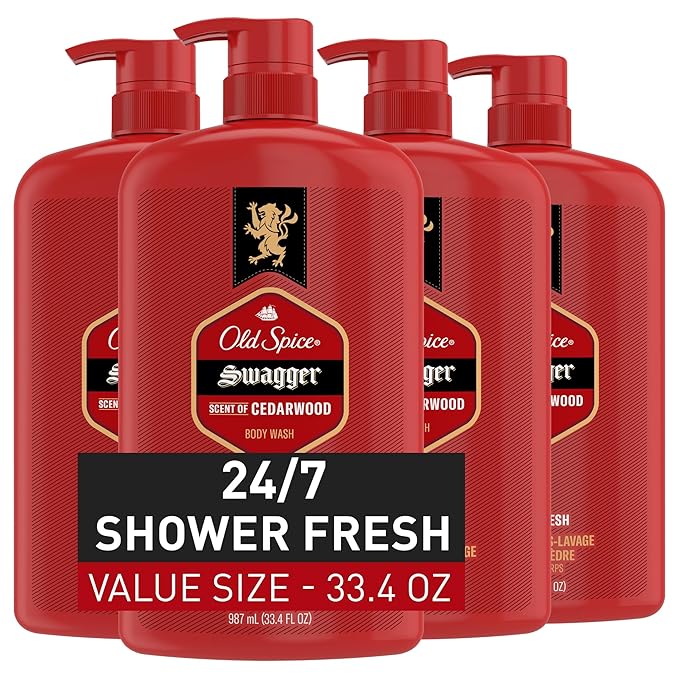 Old Spice Body Wash for Men, 24/7 Shower Fresh with Lasting Scent, Red Collection, Swagger with Cedarwood Scent, 33.4 fl oz (Pack of 4)-GlimoraGlow