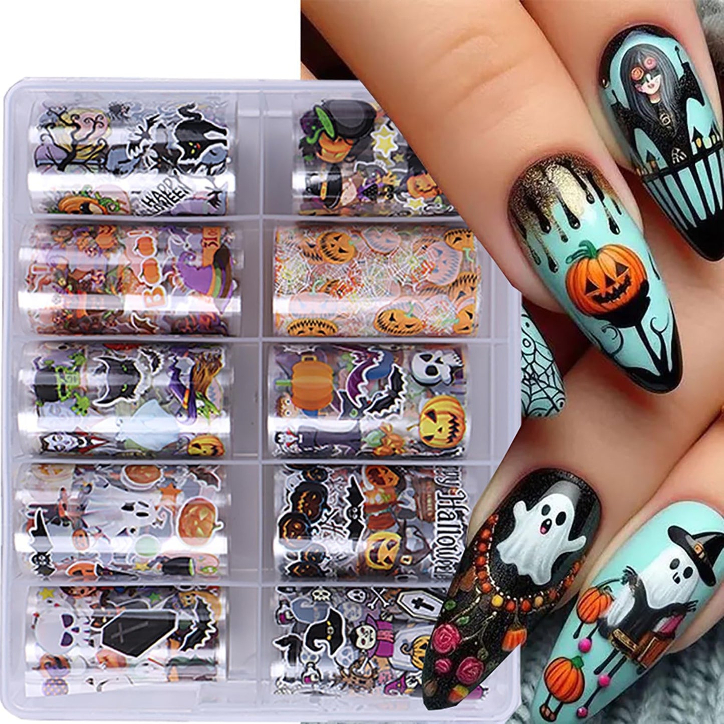 10 Rolls Halloween Nail Transfer Foil Stickers Set Halloween Theme Nail Art Foils Decals Cartoon Design Nail Foil Transfers Pumpkin Bat Ghost Skull Cat Nail Decorations for Women Manicure Supplies-GlimoraGlow