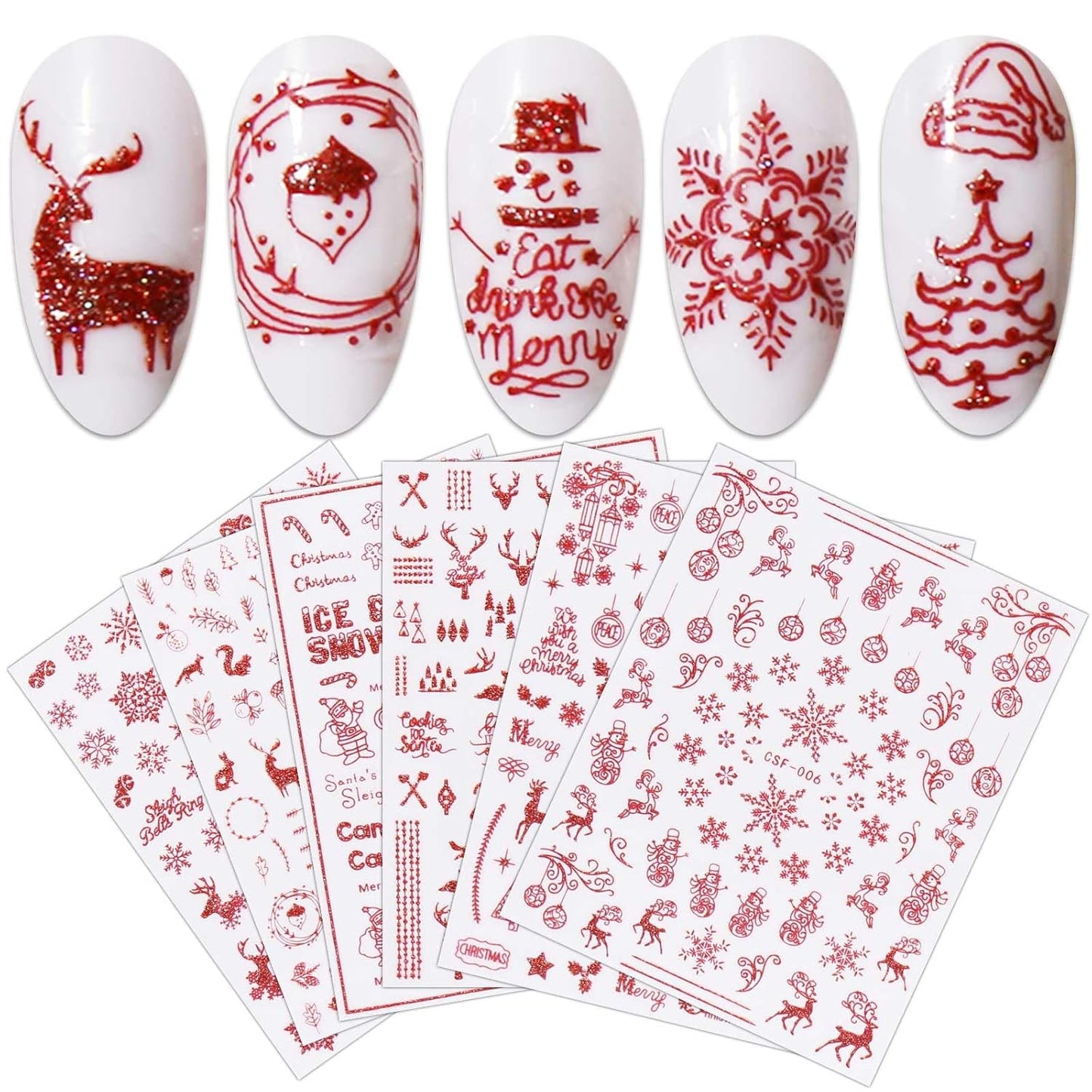 JMEOWIO 9 Sheets Christmas Glitter Nail Art Stickers Decals Self-Adhesive Red Nail Supplies Nail Art Design Decoration Accessories-GlimoraGlow