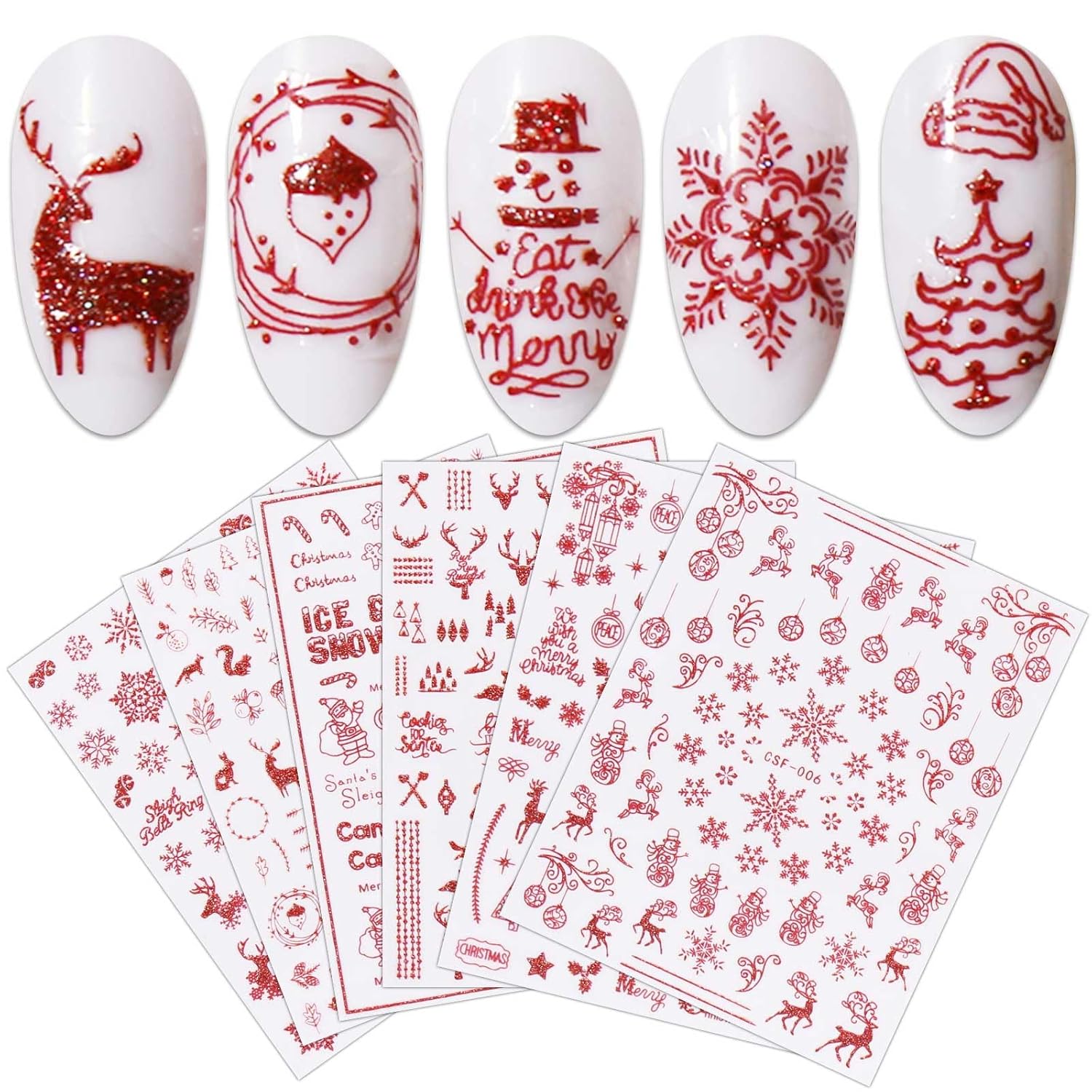 JMEOWIO 9 Sheets Christmas Glitter Nail Art Stickers Decals Self-Adhesive Red Nail Supplies Nail Art Design Decoration Accessories-GlimoraGlow