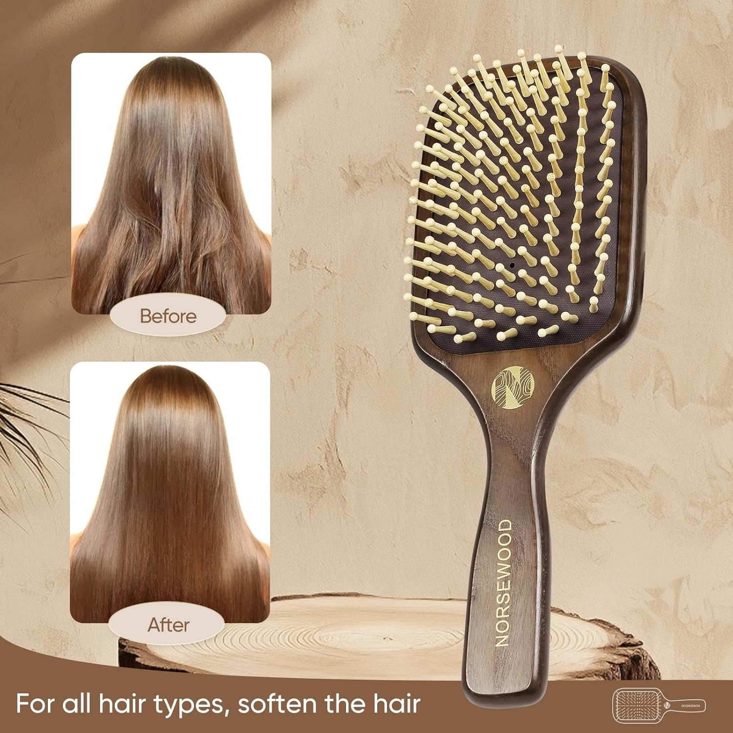 100% Natural Wood Hairbrush for Massaging Scalp,for Most Hair Types, Wooden Bristle for Reducing Damage, Scalp Massager Perfect for Women, Men & Kids-GlimoraGlow