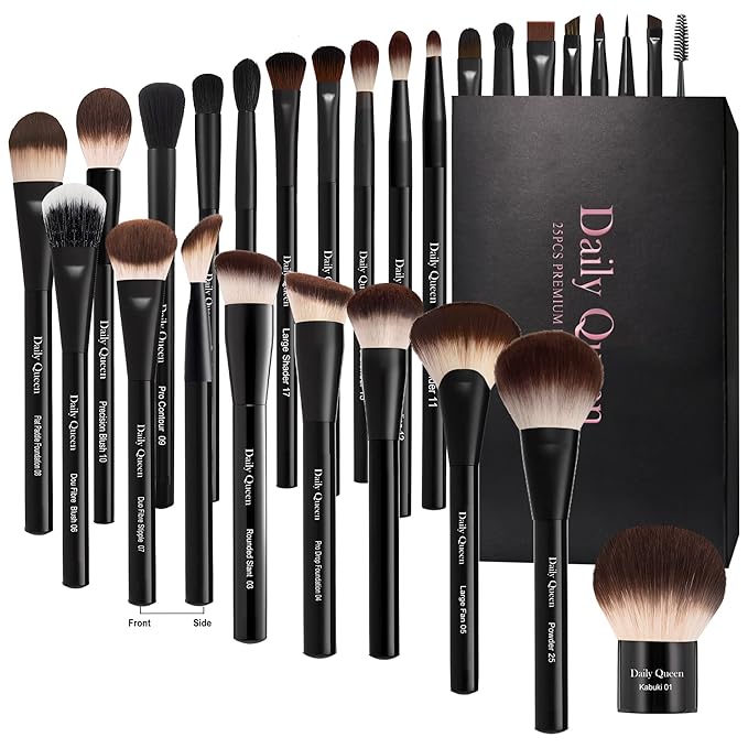 25 pcs Makeup Brush Set Holder Black Professional Kabuki Powder Concealers Eye shadows Blush Eyeliner Eyebrow Contour Eye blending Brushes (25pcs brush with box)-GlimoraGlow