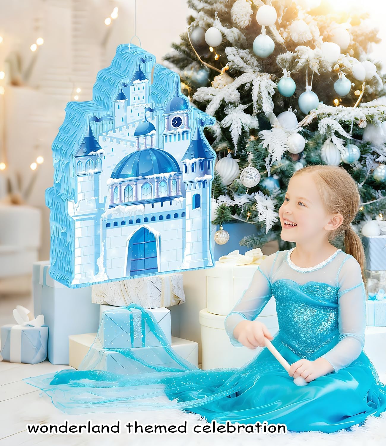 Princess Winter Pinata for Girl Birthday Party Wonderland Themed Christmas Decorations Blue Ice Castle Piñatas(Blue)