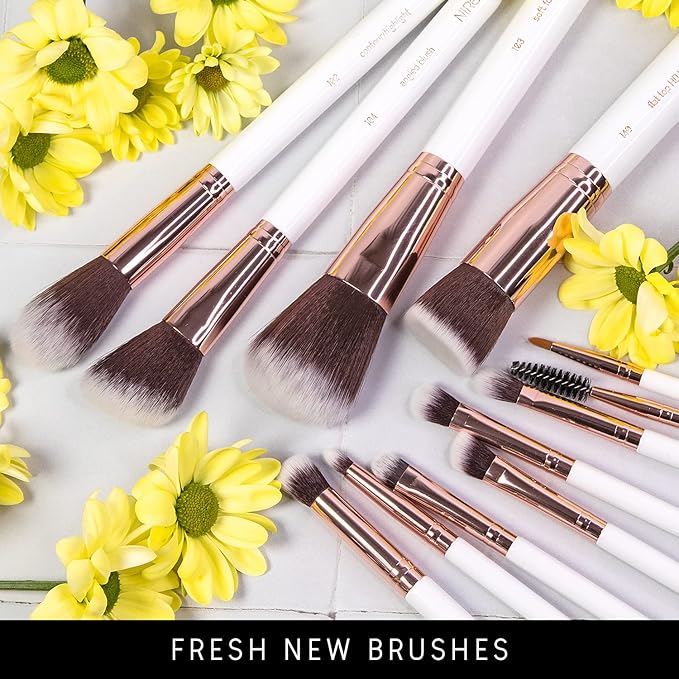 Niré Beauty White 15piece Award Winning Professional Makeup Brush Set: Vegan Makeup Brushes with Case, Makeup Sponge, Cleaner, Guide, Gift Box-GlimoraGlow