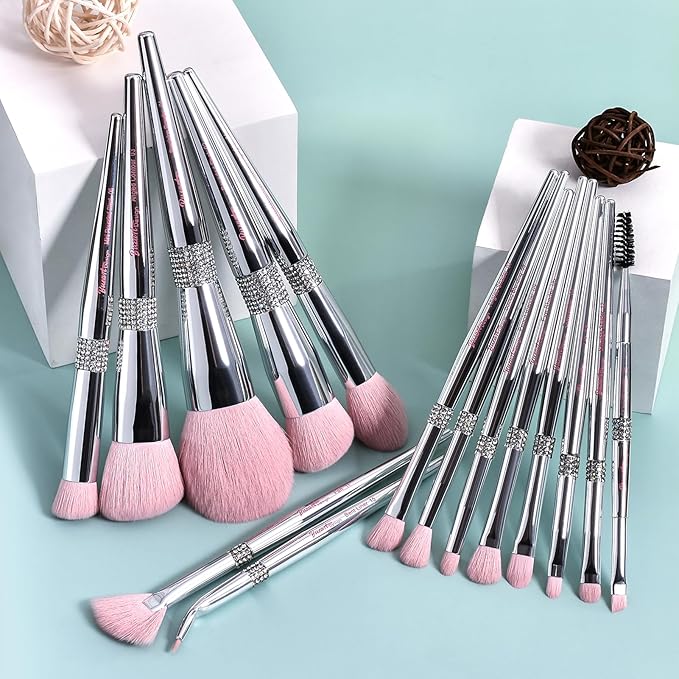 Bueart Design Elegant pink Ultra soft labeled Makeup Brushes Sets with Brush Holder makeup brush set with Foundation Powder blush blending contour Brush (15Pcs Silver Pink+Holder)-GlimoraGlow