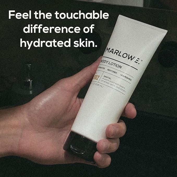 MARLOWE. No. 002 Santal Body Lotion 8 Oz, Moisturizing & Nourishing Daily Dry Skin Lotion for Men, Made with Hydrating Natural Aloe Vera, Non-Oily, Warm Amber, Sandalwood & Citron Scent, Vegan-GlimoraGlow