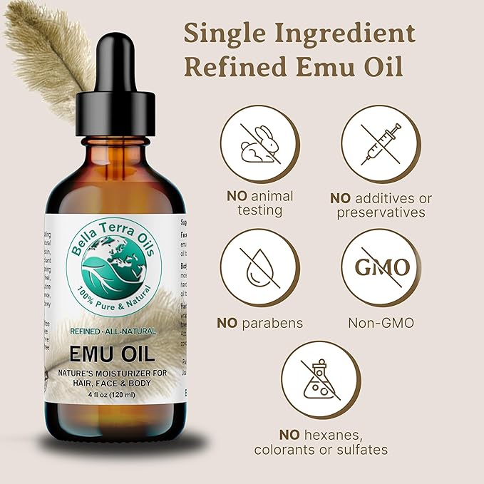 Bella Terra Oils - Emu Oil 4 oz - Genuine Pure Australian Emu, Infused with Linoleic & Oleic Acid, Perfect Companion for Lustrous Skin-GlimoraGlow