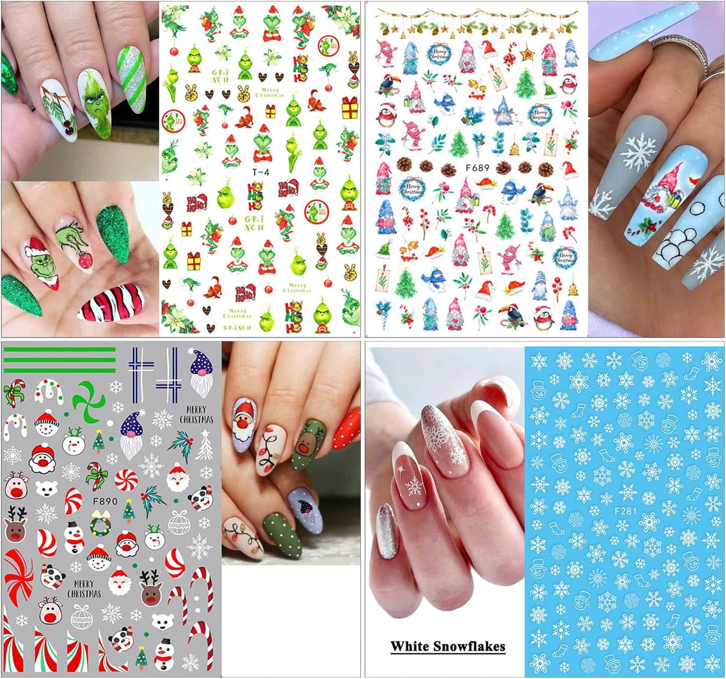10 Sheets Christmas Nail Stickers 3D Xmas Decals Winter White Snowflake Santa Claus Snowman Bell Reindeer for Women Girls Christmas Designs Decoration Charms-GlimoraGlow