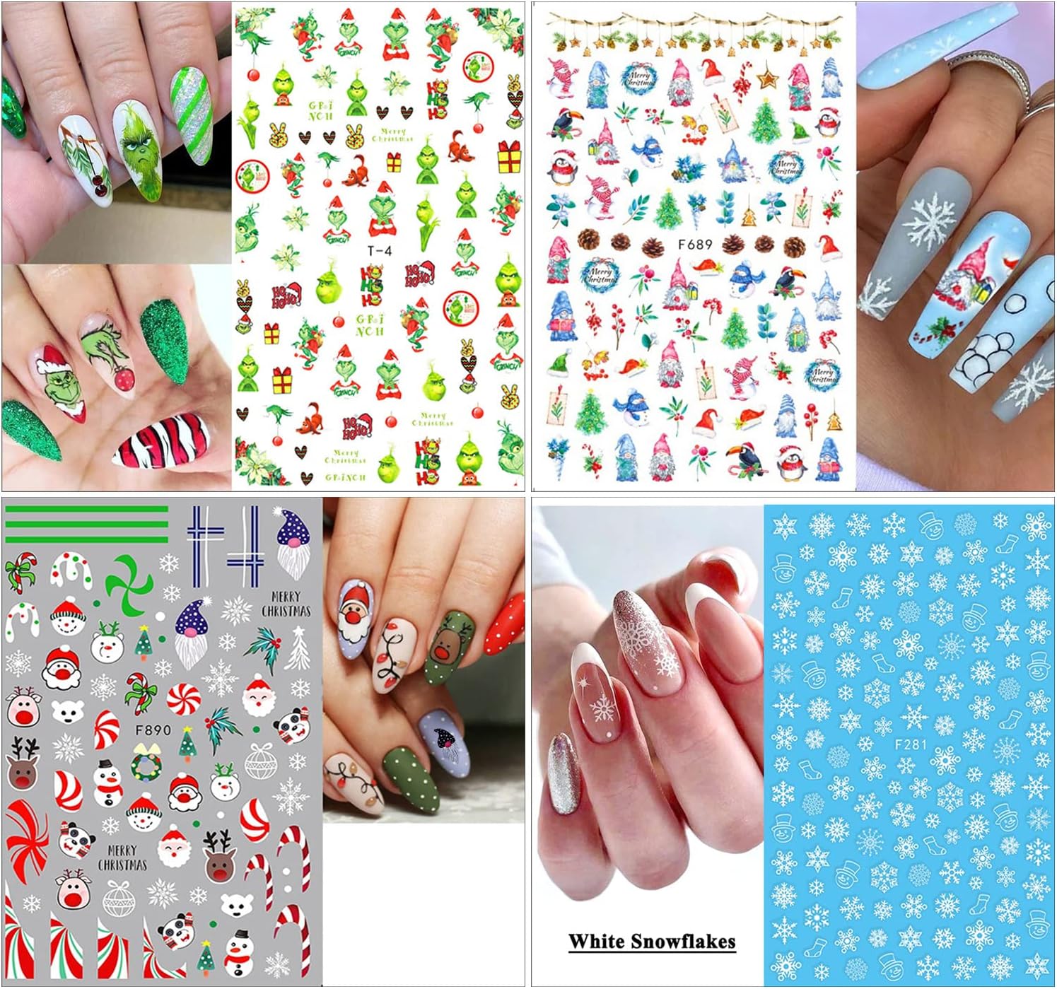 10 Sheets Christmas Nail Stickers 3D Xmas Decals Winter White Snowflake Santa Claus Snowman Bell Reindeer for Women Girls Christmas Designs Decoration Charms-GlimoraGlow