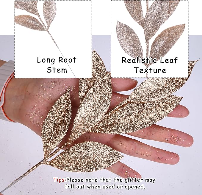 GREENTIME 12 Pack Artificial Champ Glitter Leaves 13" Fake Christmas Picks Decorative Glitter Sticks for Vase Christmas Tree DIY Wreath Crafts Fireplace Decor
