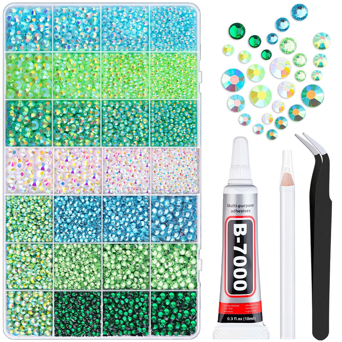 20000Pcs Green Rhinestones for Bedazzling with 1Pcs B7000 Jewelry Glue, Resin Rhinestones for Crafting Crafts DIY, Bedazzler Kit Gems for Clothing Shoes Tumblers Nail Art Assorted Size 3/4/5/6mm-GlimoraGlow
